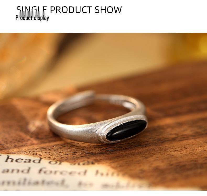 Frosted S925 Silver Ring with Black Agate & White Mother-of-Pearl - European, American, Japanese & Korean Style