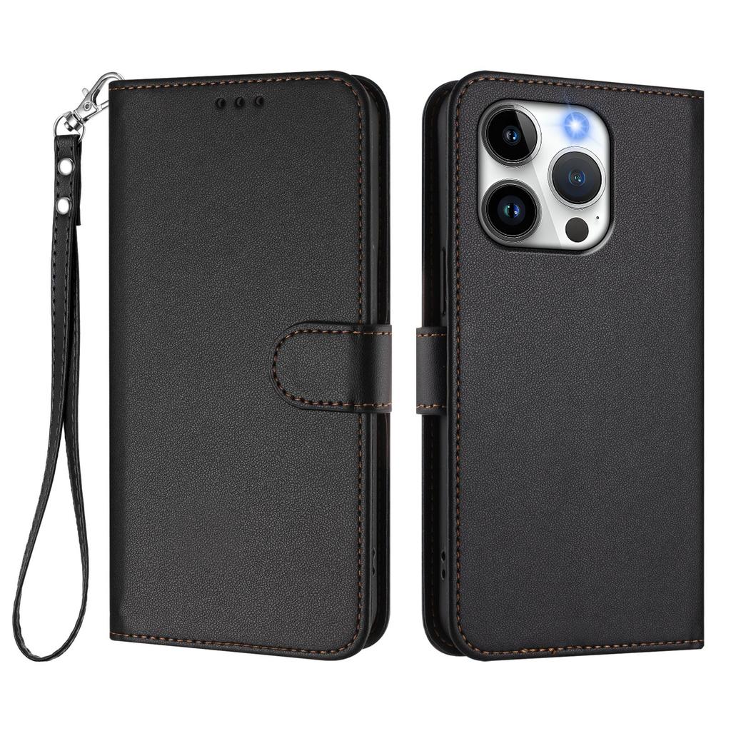 For iPhone 15 Pro Leather Case Wallet Stand Phone Cover with Wrist Strap