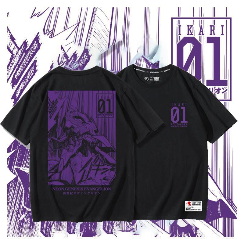 Неон Genesis Evangelion Ева-01 Икари 01 Фиолетовый принт из манги Черная футболка 2026 Лето Оверсайз Аниме Графическая футболка для мужчин Женщин Унисекс, подарок, Топ