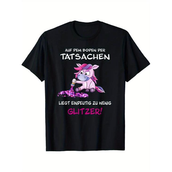 Women's Funny Unicorn Glitter Party T-Shirt with German Saying & Sparkle Design - Cute Pink Mane & Rainbow Sprinkles Graphic, Casual Round Neck Short