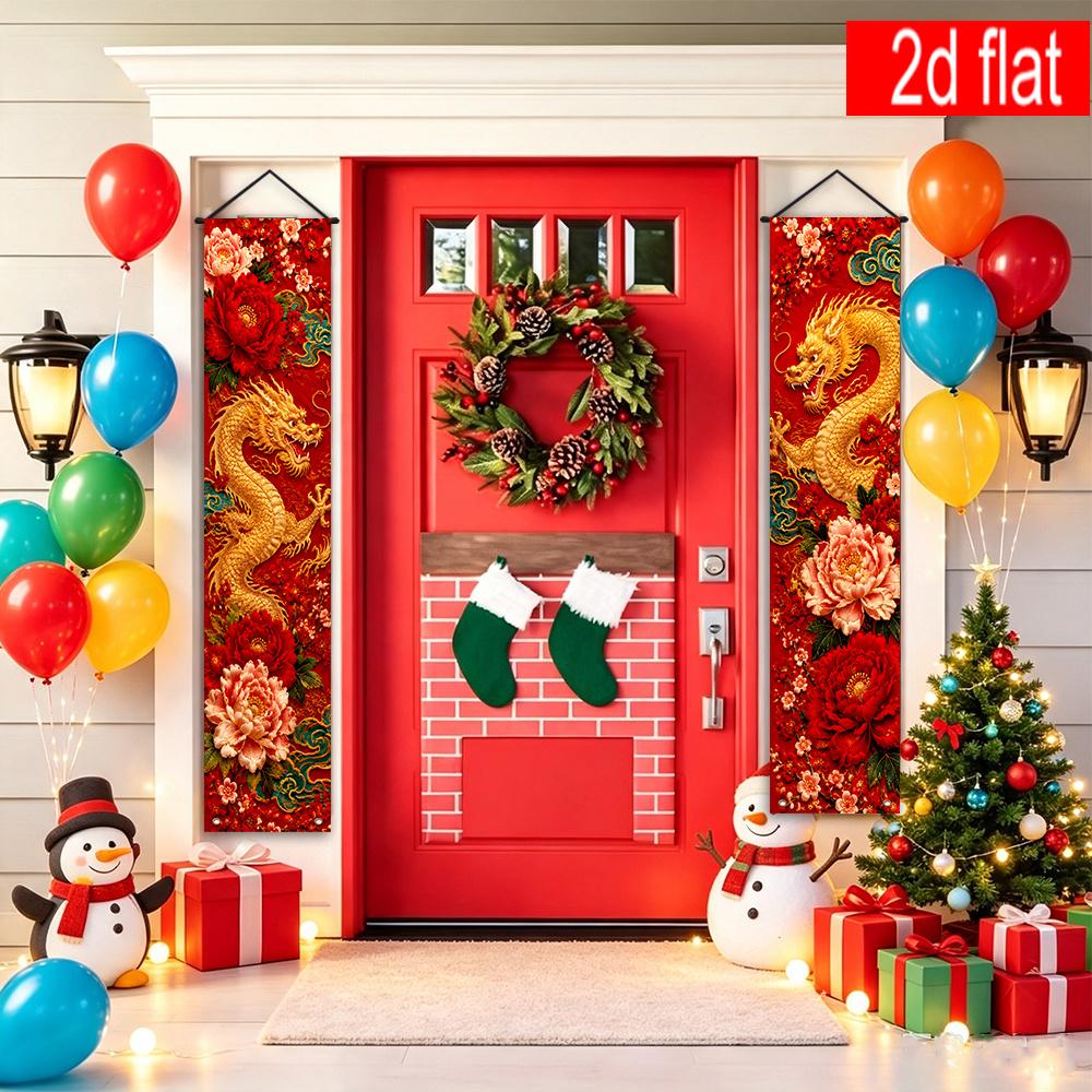 2pcs Gold Door Couplet Banner Christmas Dragon Theme Polyester Porch Party Supplies