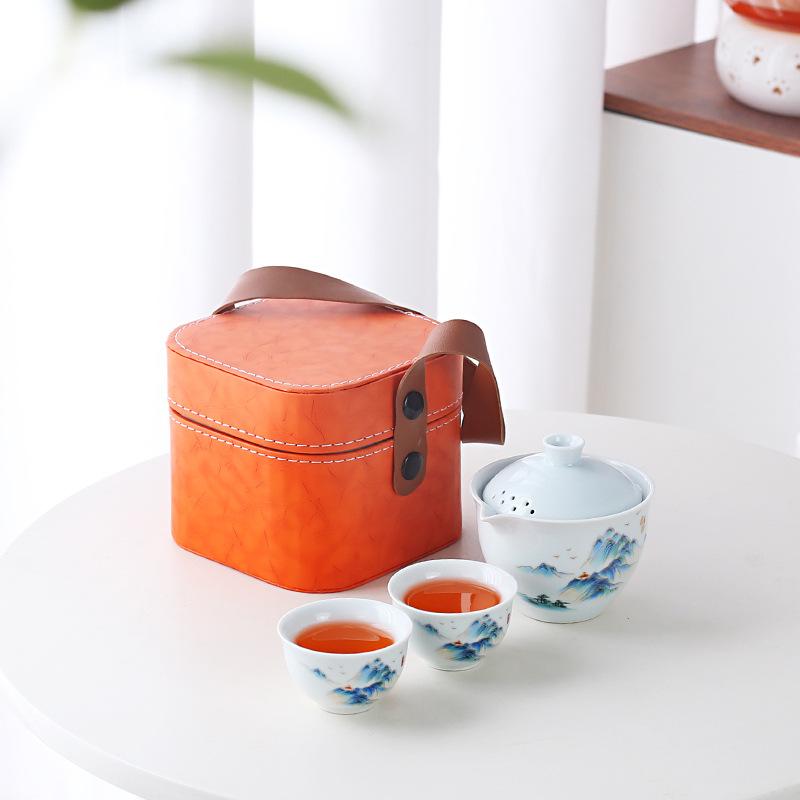 Travel tea set, Dehua Gaiwan Kuaike cup, one pot and two cups of outdoor camping, car outdoor camping gifts