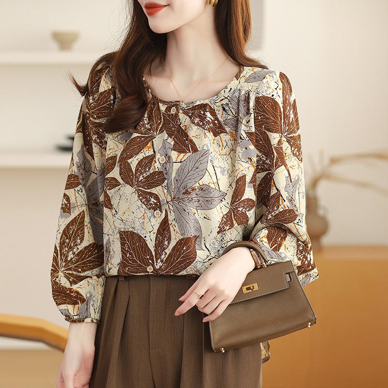 Floral Round Neck Silk Shirt Summer French Retro Printed Small Shirt