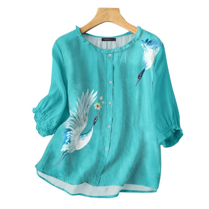ZANZEA Women Casual O-neck Printing 3/4 Sleeve Blouse