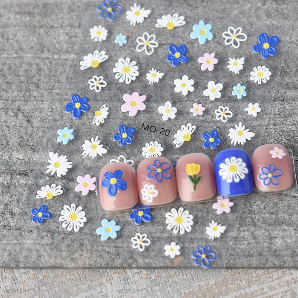 1 шт. 3D тисненые наклейки для дизайна ногтей с цветами - Мультяшные милые самоклеящиеся глянцевые наклейки для ногтей с яркими цветочными узорами, сердечками и звездами для DIY маникюра
