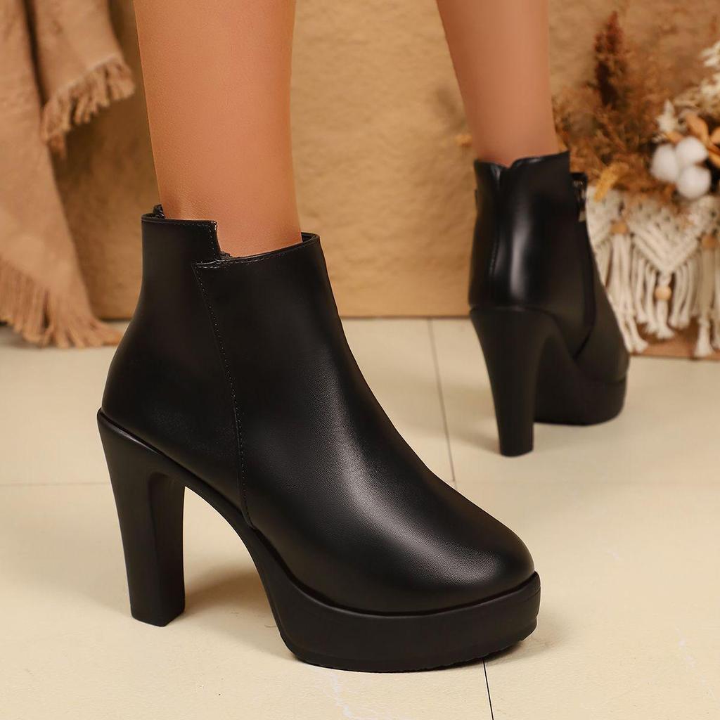 Women's Waterproof High Heel Ankle Boots - Soft Leather, Slimming French Style for Spring, Autumn, Winter - Black
