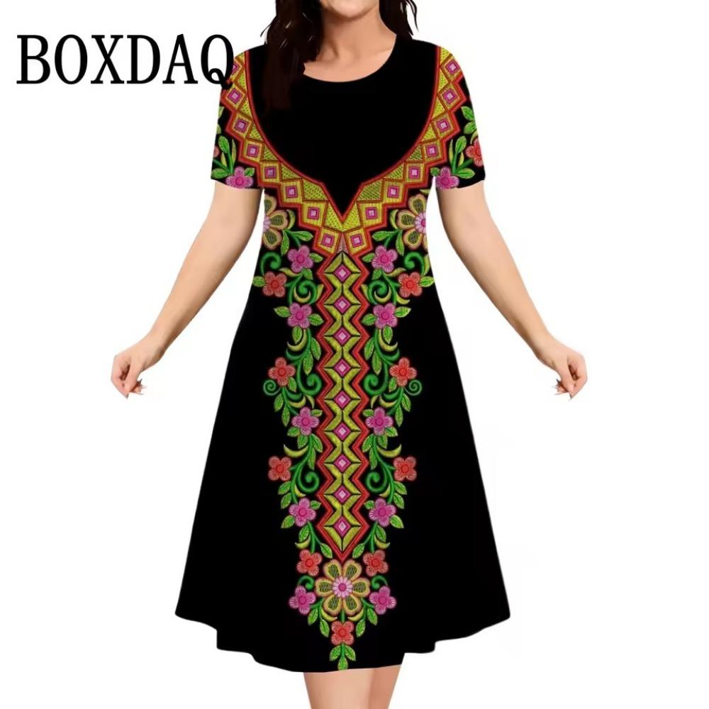 Vintage Elegant Ethnic Elements Flowers Printed Dress Big Size Women's Summer Short Sleeve O-Neck Casual Loose Dress Vestidos