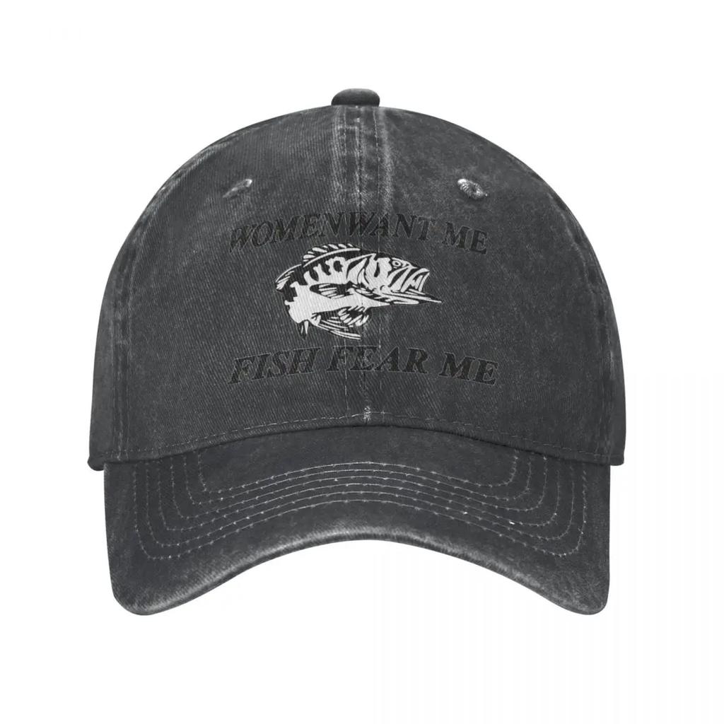 Women Want Me Fish Fear Me Fishing Unisex Style Baseball Cap Distressed Cotton Caps Hat Fashion Outdoor Activities Sun Cap