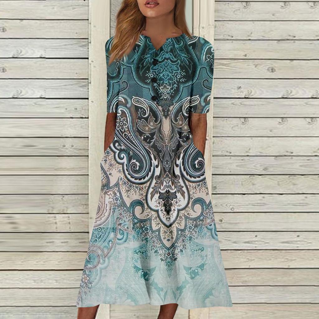 Женское летнее повседневное свободное платье с v-образным вырезом и короткими рукавами с принтом