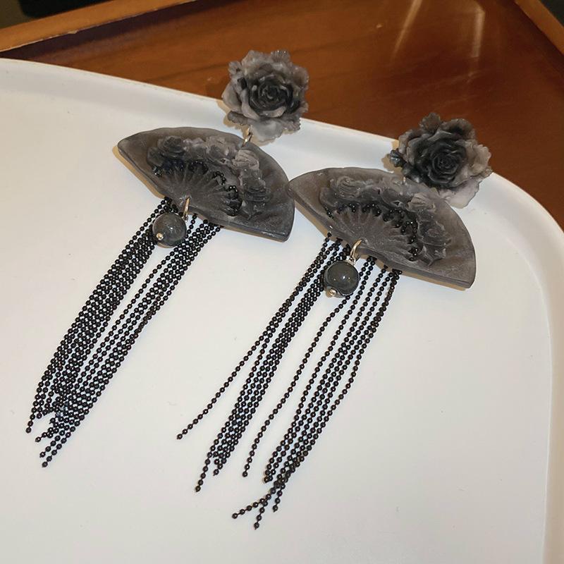 GemChic Women's Earrings Chinese Style Resin Flower Fan Fringe Vintage Long Drop Earrings Birthday Christmas Jewelry Gift