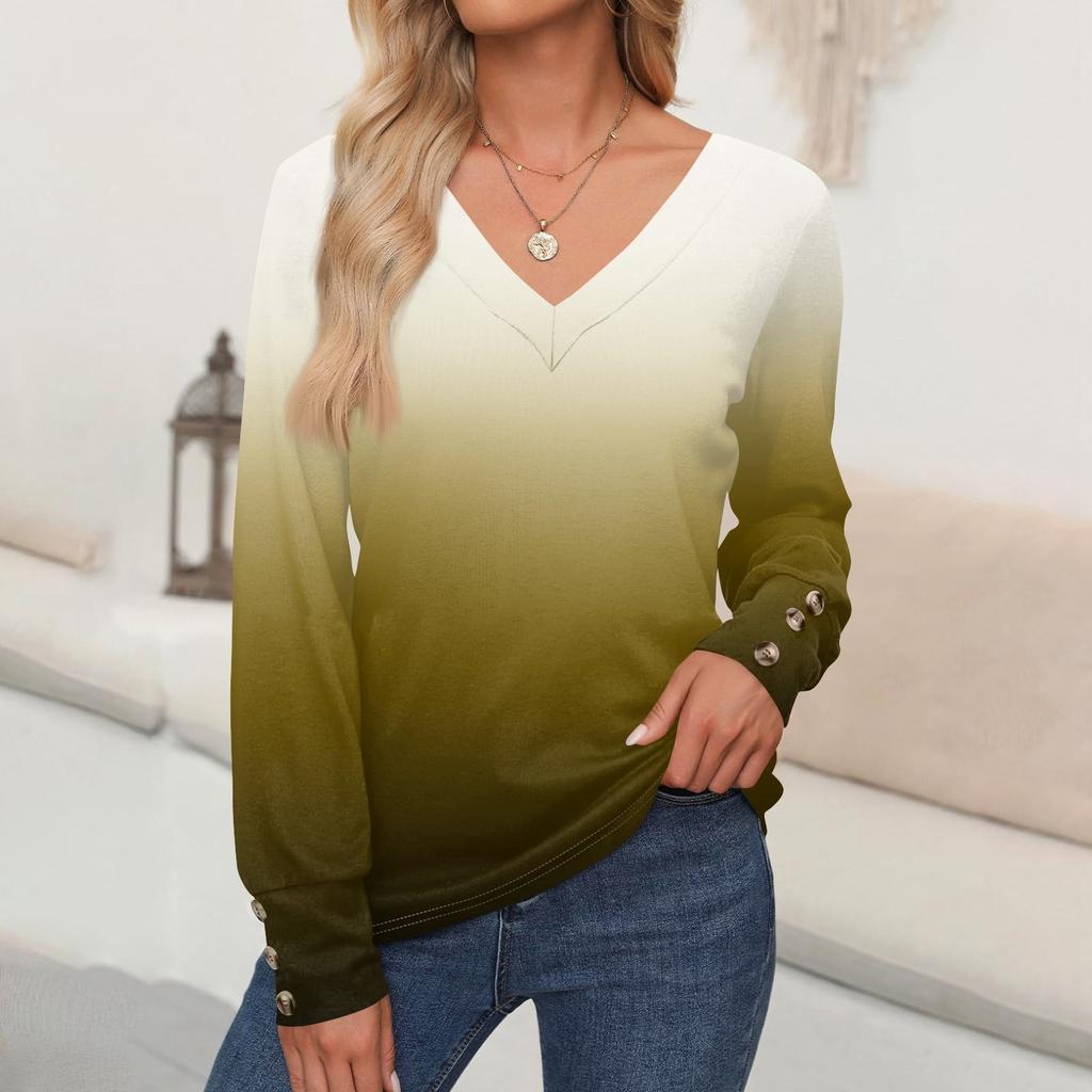 Women's Tops Gradient Printed Long Sleeve Shirt V Neck Casual Loose T-Shirt Autumn Clothing