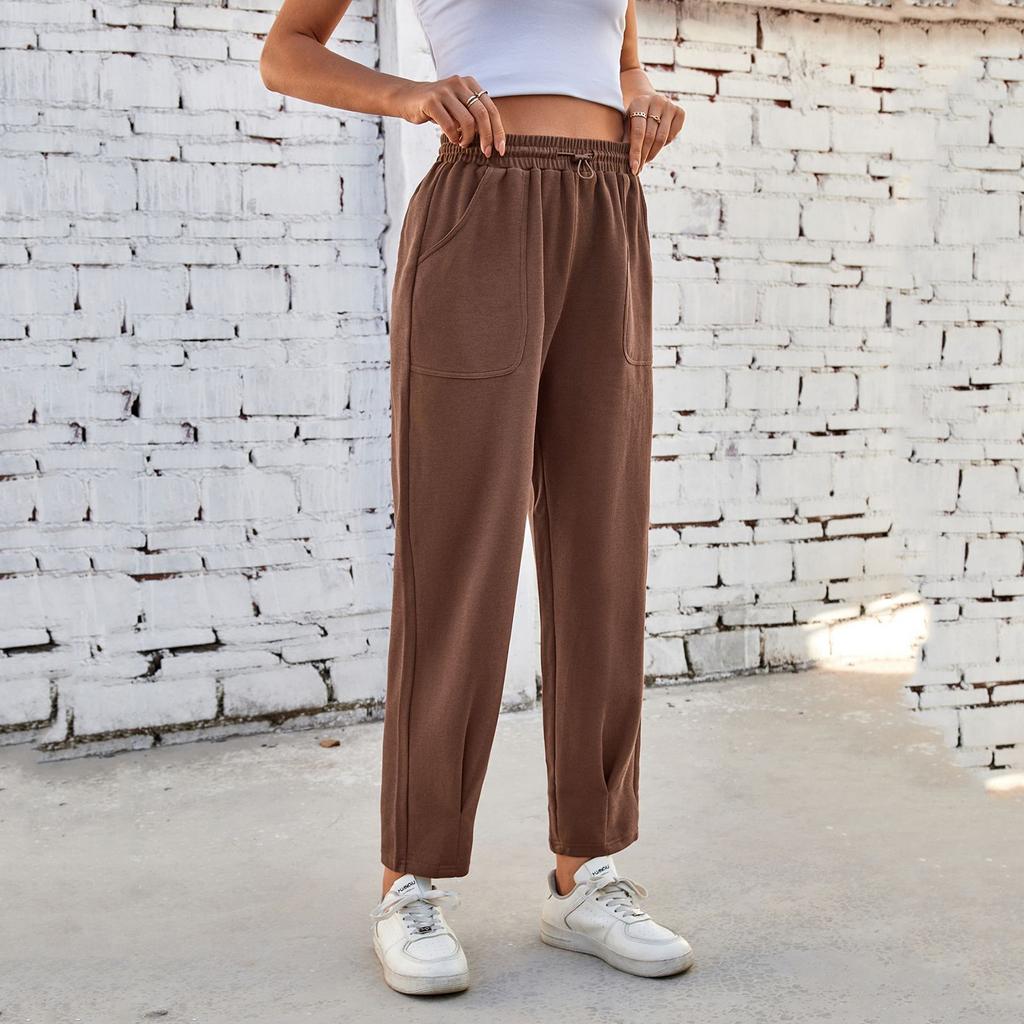 Женские повседневные однотонные спортивные брюки с карманами и завязками на талии, укороченные брюки