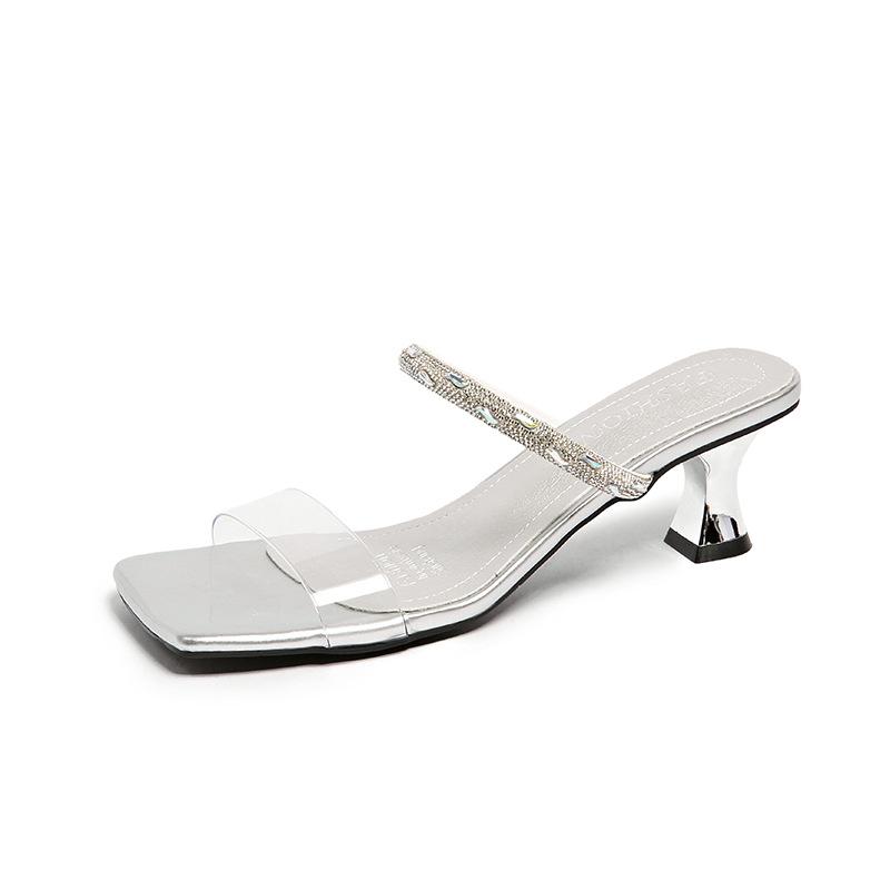 2025 летние новые стильные тапочки со стразами женская летняя одежда босоножки на высоком каблуке с мягкой подошвой прозрачный каблук со стразами одно слово перетаскивание