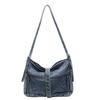 Denim Crossbody Bag Women Minimalist Casual Shoulder Tote With Zip Soft Medium Size In Black Navy Light Blue
