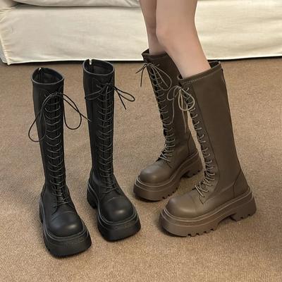 Женские высокие сапоги на платформе, модные женские сапоги до колена с молнией сзади, элегантная женская обувь с толстой подошвой 2024