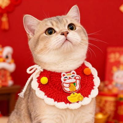 Красный Вязаный Кот Китайский Новый Год Год Лошади Домашний Питомец Слюнявчик Слюнявчик Ручная Вязка