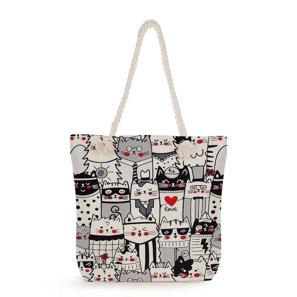 Cartoon cat print thick rope single-shoulder beach bag 7252