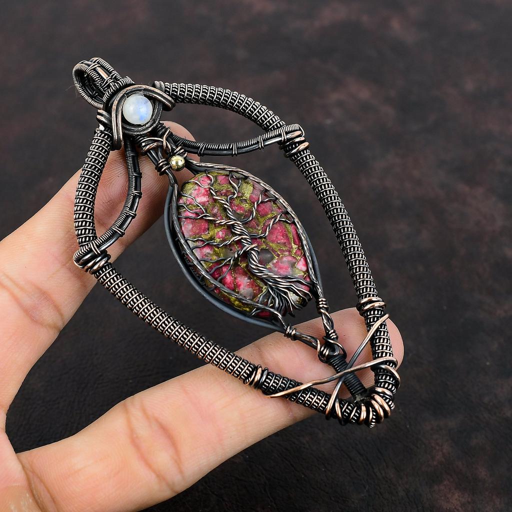 Древо жизни Медный кулон Тулит Медная проволока Обернутая радужным лунным камнем подвеска ручной работы Медная проволока Драгоценный камень ювелирные изделия Подарок для мамы