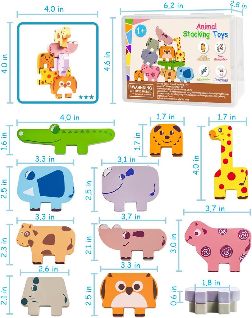 Montessori Toys for 1 2 3 4 Year Old Boys Girls, Toddler Toys Age 2-4, 10 Pack Wooden Animal Blocks Sorting & Stacking Education