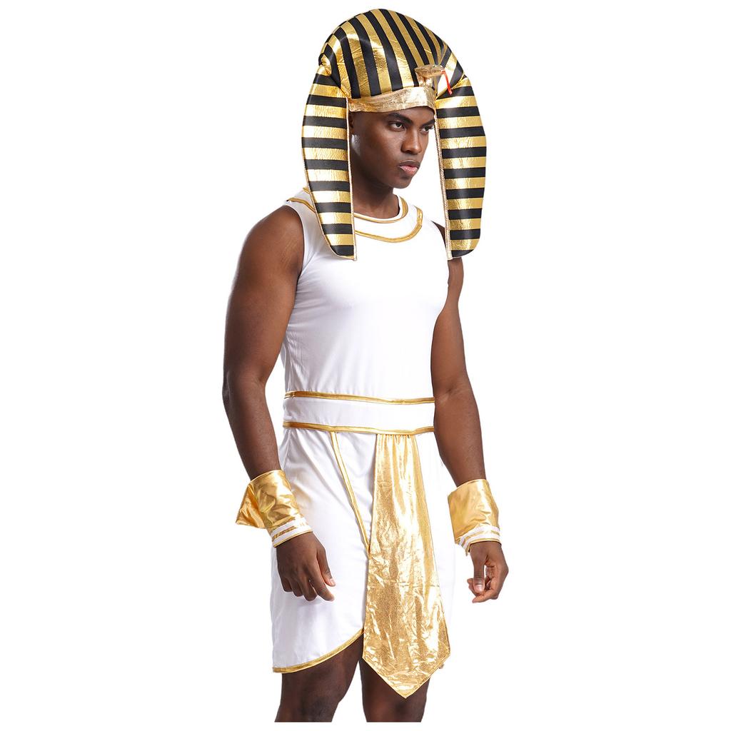 Mens Egyptian Pharaoh Costume Sleeveless Contrast Color Zipper Dress with Hat