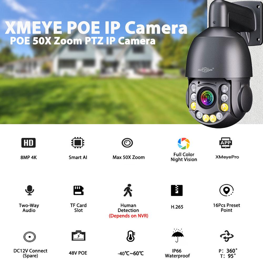 50X Optical Zoom AI Auto Tracking Outdoor 3840P 8MP 4K UHD POE IP Camera Speed PTZ Camera CCTV Security Video Surveillance XMeye