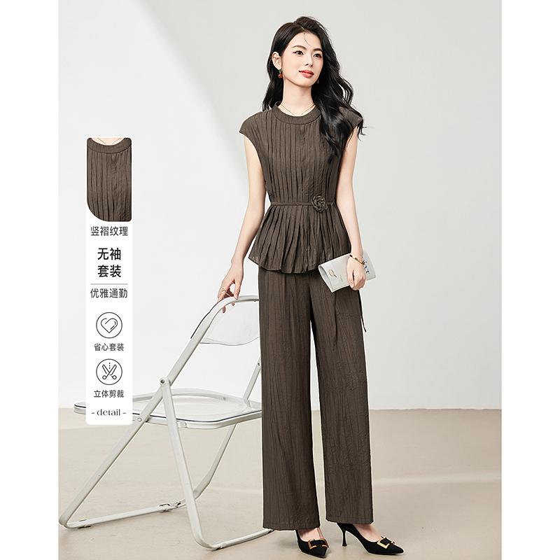 French loose suit stand up collar sleeveless pleated top wide leg pants two-piece set