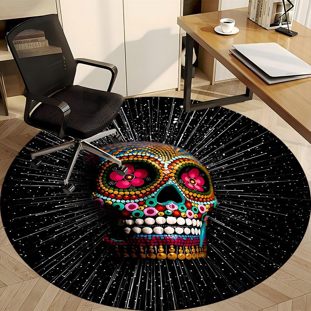 1PC Sugar Skull, Day of the Dead Office Round Area Rug,  Mat Suitable ForOffice, Under Office Chairs Bedroom Living Room Home Decor, Room Deco