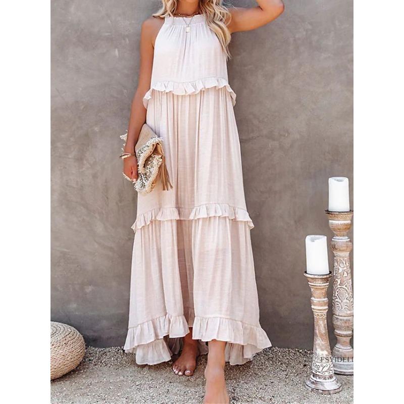 Fashion Elegant Sleeveless Ruffled Maxi Long Dress New O Neck Loose Casual Simple Summer A-line Beach Dresses Female Pleated Solid Color Clothing