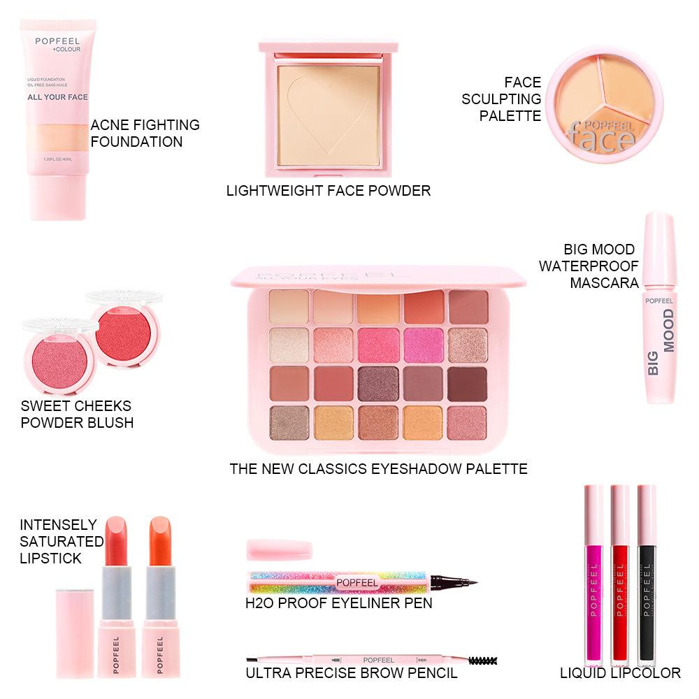 POPFEEL Favorites Makeup Must Have Gift Box Full Face Cosmetic Set Eyeshadow Palette Liquid Foundation Holiday Gift for Women