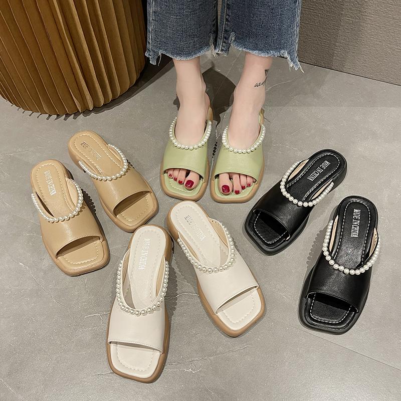 2024 Новые летние женские тапочки Модные сандалии с жемчугом Женские тапочки с открытым носком на низком каблуке Сексуальные сандалии на плоской подошве с открытой пяткой Женские тапочки