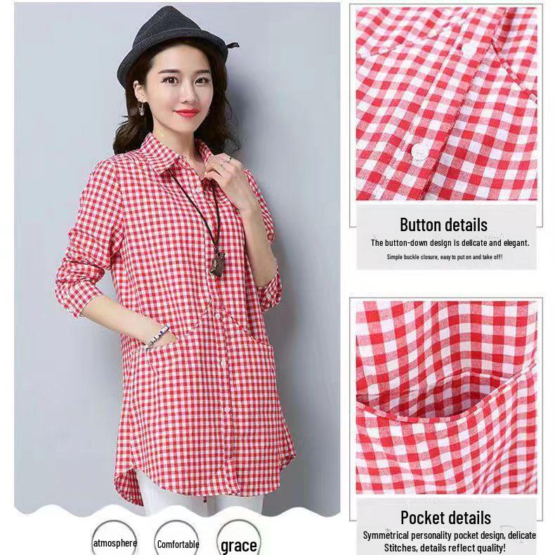 Летняя рубашка свободного кроя из хлопка в клетку в стиле ретро с карманами, длинными/короткими рукавами