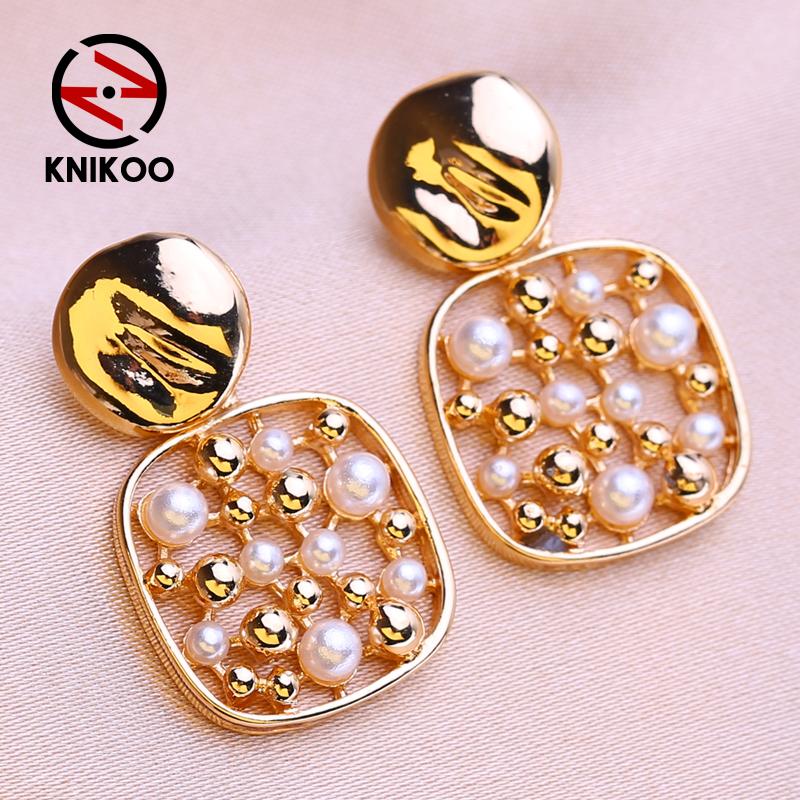 KNIKOO Длинные серьги с геометрическим узором для женщин, модные серьги с цветочным жемчугом, ювелирные изделия для свадебной вечеринки, подарки, серьги-капли