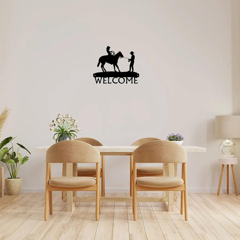Fine Catch - Cowboy & Cowgirl Welcome Sign - 12 Inch Wide Metal Wall Art - Rustic Western Charm for Home Entrances