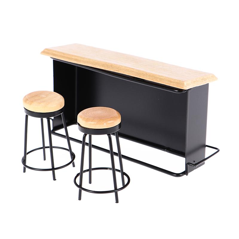 3Pcs/set 1:12 ollhouse Mini Bar Set - Wooden Pub Counter with 2 Stools