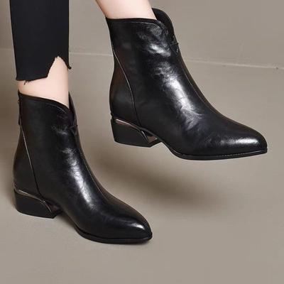 Элегантные женские короткие туфли из кожи на среднем каблуке с острым носком, ботильоны до щиколотки для женщин, осенне-зимние ботильоны на флисовой подкладке, распродажа