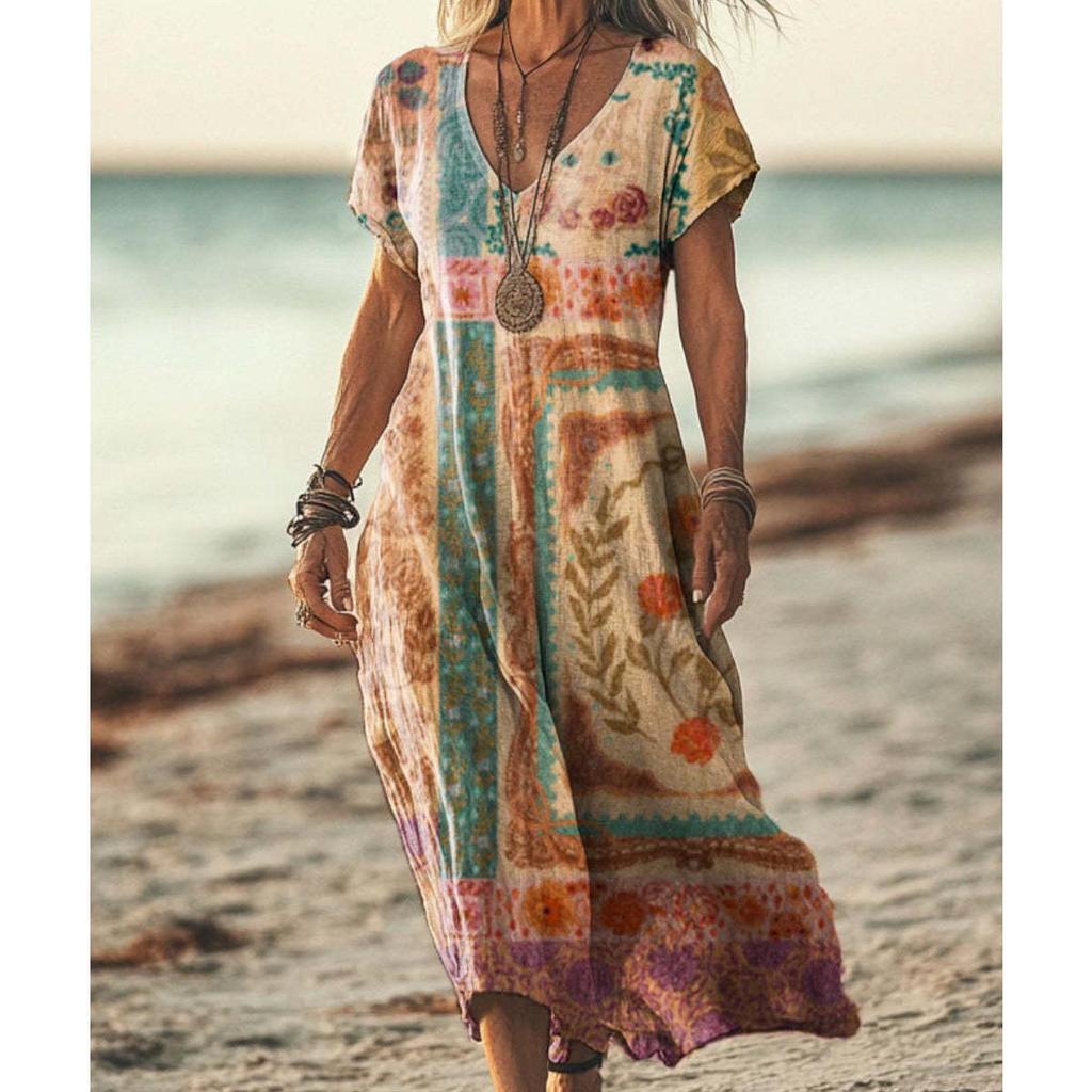 Bohemian Retro Print Raglan Sleeve Summer Maxi Dress