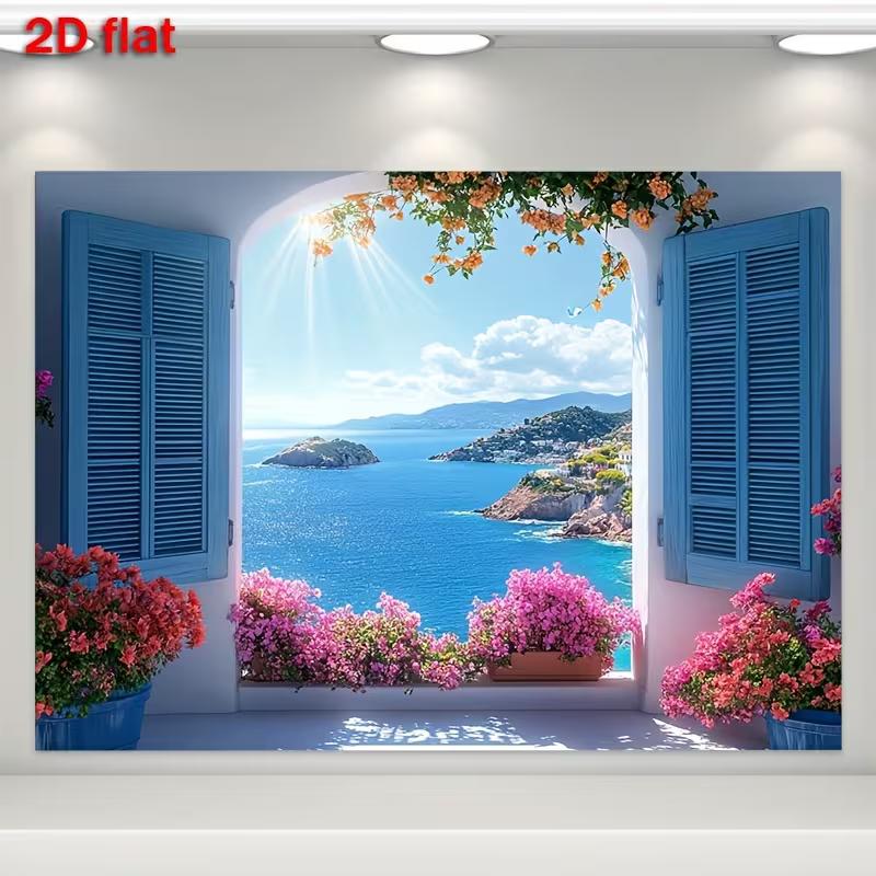 Coastal Home Decor Banner with Greek Island Window and Flowers