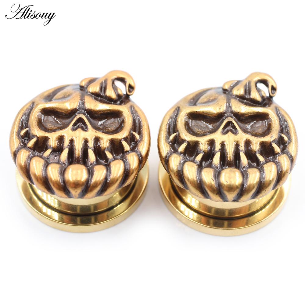 Alisouy 2 шт., нержавеющая сталь, тыква, череп, ушные туннели, заглушки, расширитель, растяжитель, серьги, пирсинг, украшения для тела