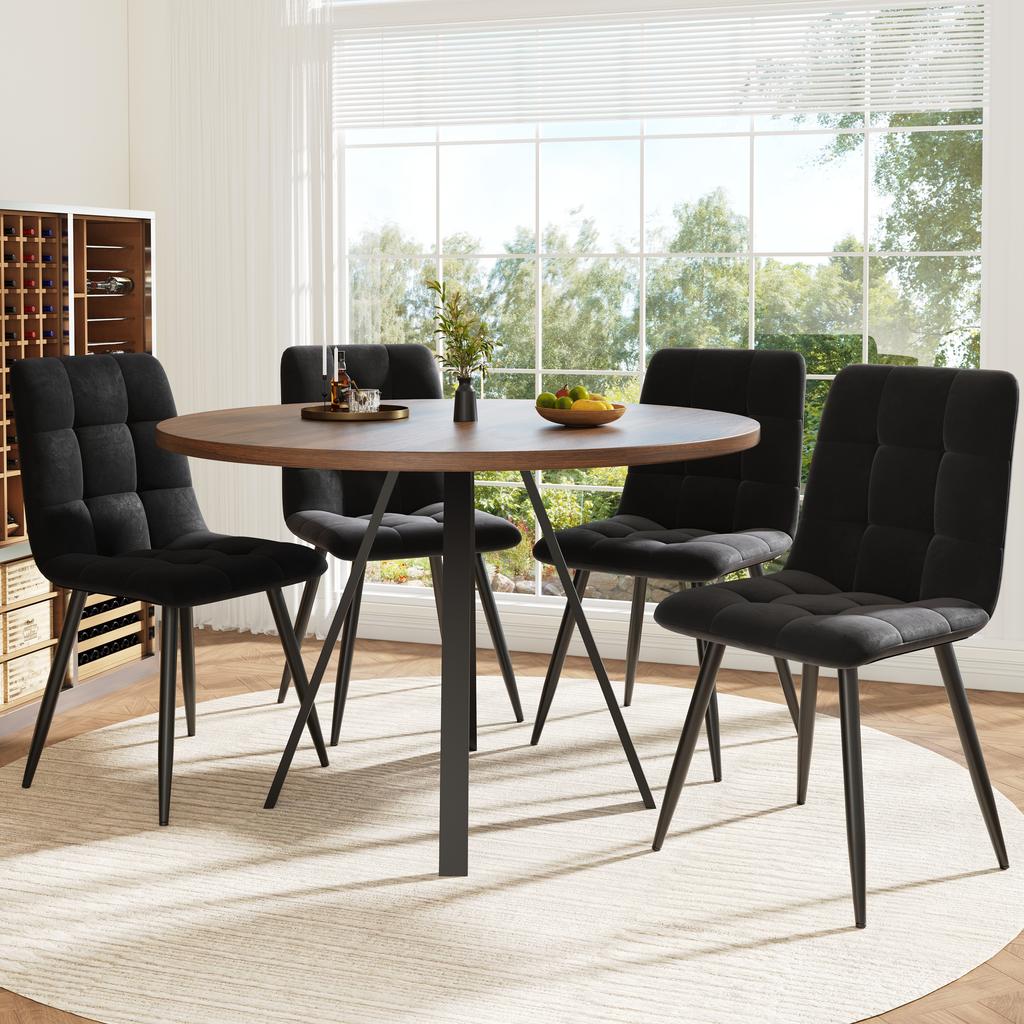 Round Dining Table (80×80×75cm), Coffee Table for 4, Suitable for Dining Room, Living Room, Metal Table Legs, Walnut-colored Desk and Black Legs