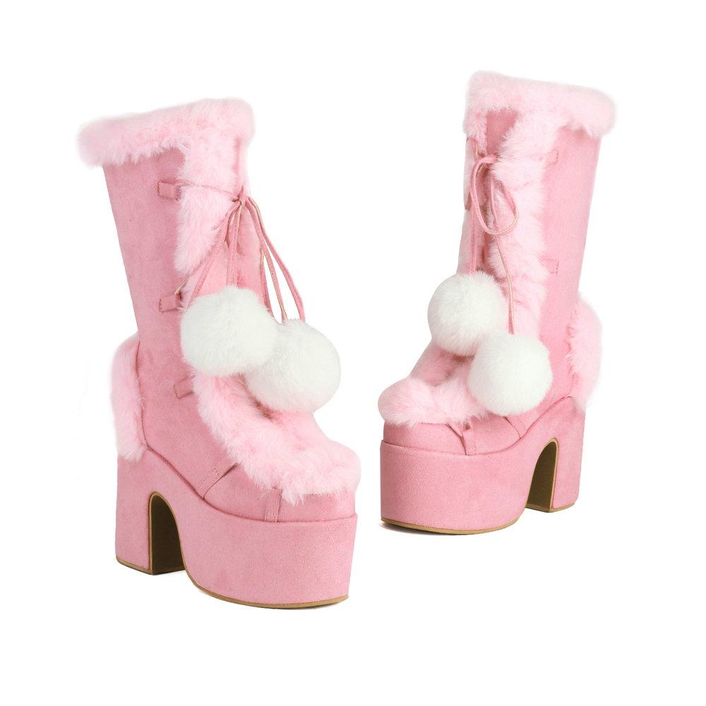 Lovely Lolita Mid-Calf Boots Women's Platform Thick Heels Sweet White Show Party Cosplay Ladies Fur Zipper Boots Pom-pom Pendant