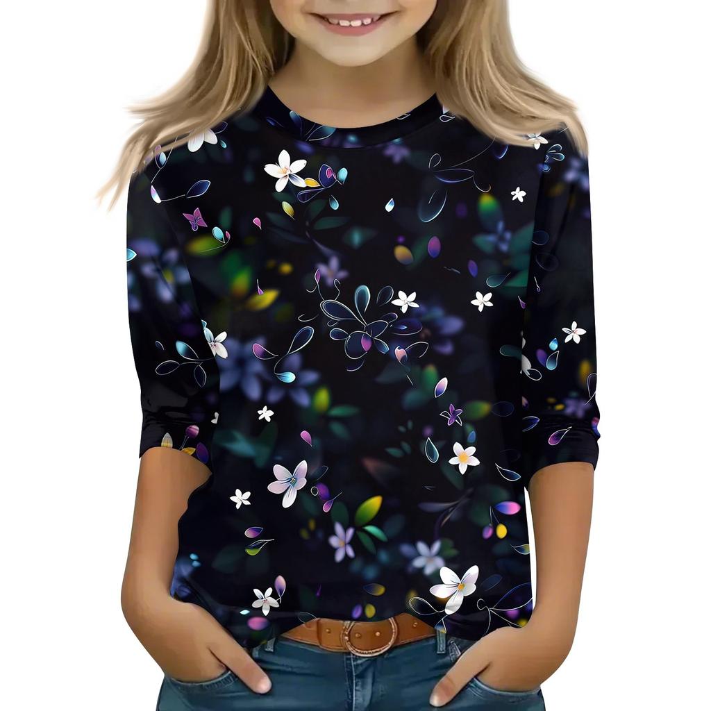 Детская футболка с рукавом 3/4, повседневная футболка с принтом, круглый вырез, блузка-пуловер