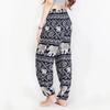 Hippie-chic Pants with Elephant Print, One Size with a Drawstring, a Unisex Model. Navy Blue.