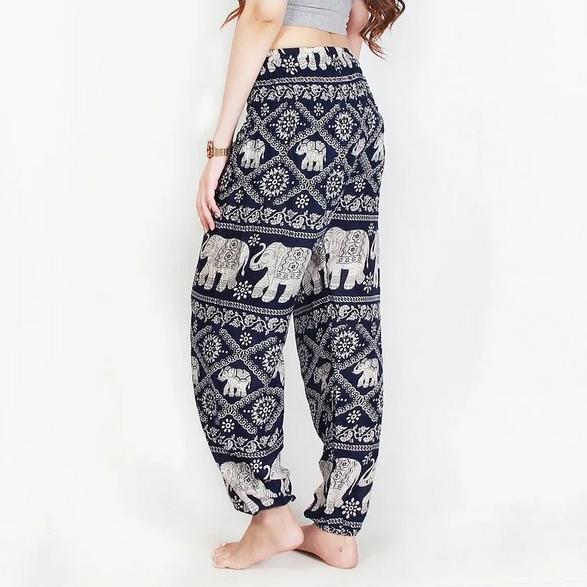 Hippie-chic Pants with Elephant Print, One Size with a Drawstring, a Unisex Model. Navy Blue.