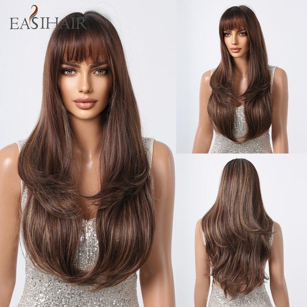 EASIHAIR Brown Synthetic Wigs with Bangs Long Straight Natural Hair Wigs for Women Daily Cosplay Wig Heat Resistant Fiber