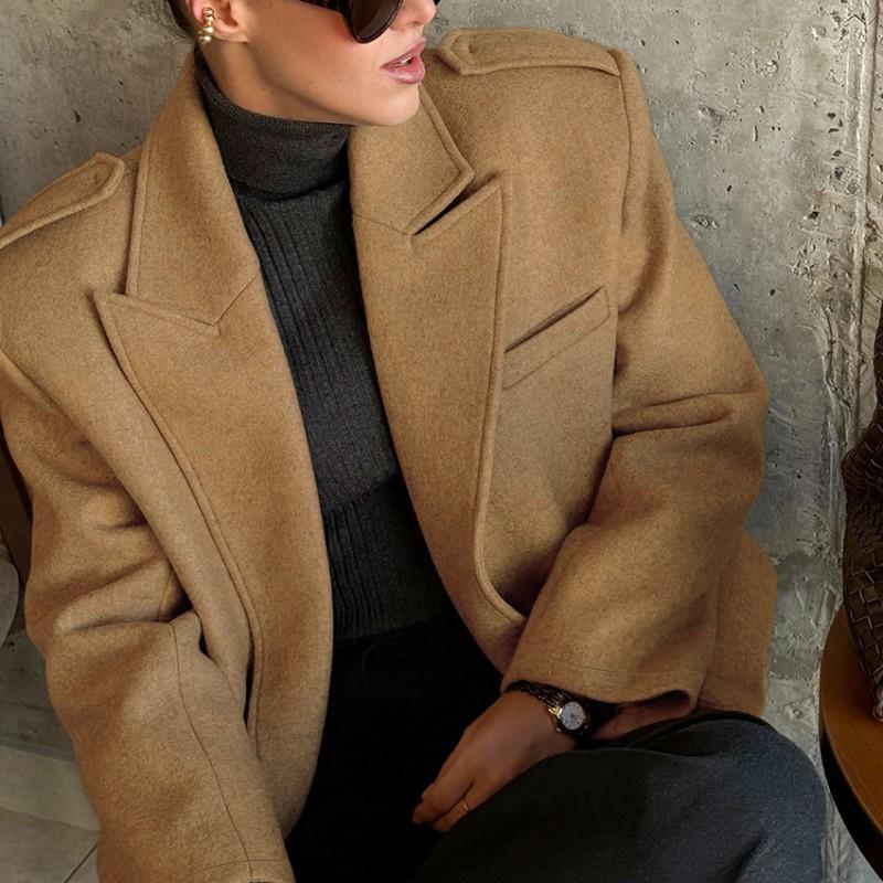 Womens Tailored Wool Blend Blazer Long Sleeve Mid Length Slim Fit Office Fashion