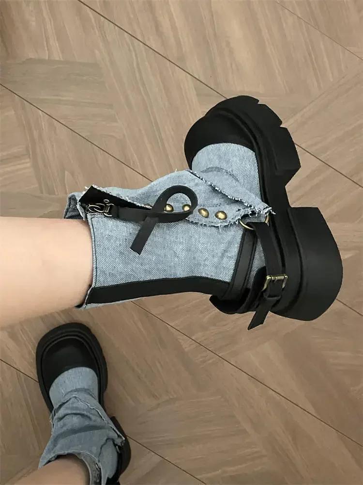 Модные ковбойские полусапоги для женщин с круглым носком, на каблуке, из денима, элегантные, до середины икры, для работы, из ПУ, весна 2024, гяру, Y2k