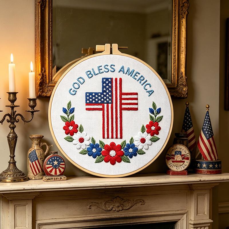 Independence Day Embroidery Kit with EN Instructions Handmade Embroidery DIY Material Thread Stamped Cloth with Pattern Kit