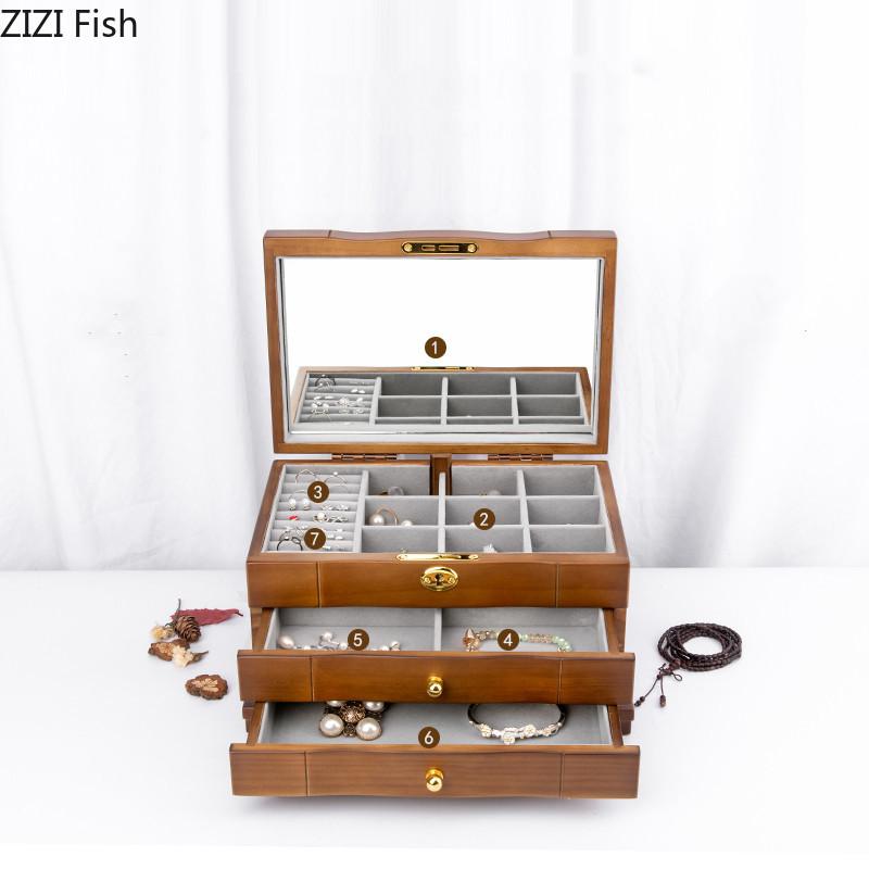 Шкатулка для ювелирных изделий из цельного дерева в китайском стиле, замок, серьги, ожерелье, часы, коробка для хранения, свадебный подарок, простая домашняя многослойная коробка для хранения