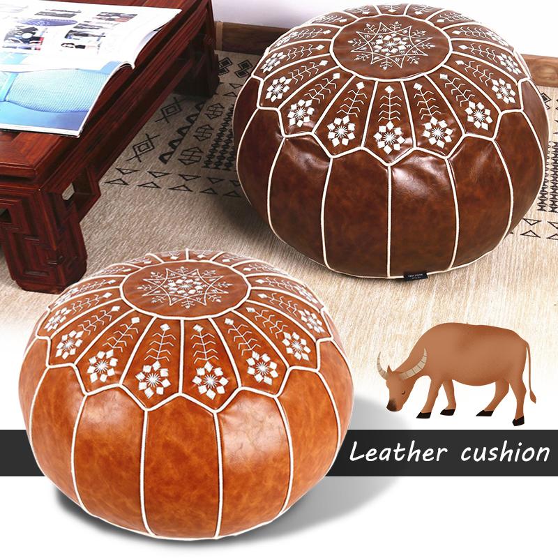 Home Decor Moroccan PU Leather Pouf Embroider Craft Ottoman Footstool Mediterranean Style Artificial Leather Unstuffed Cushion