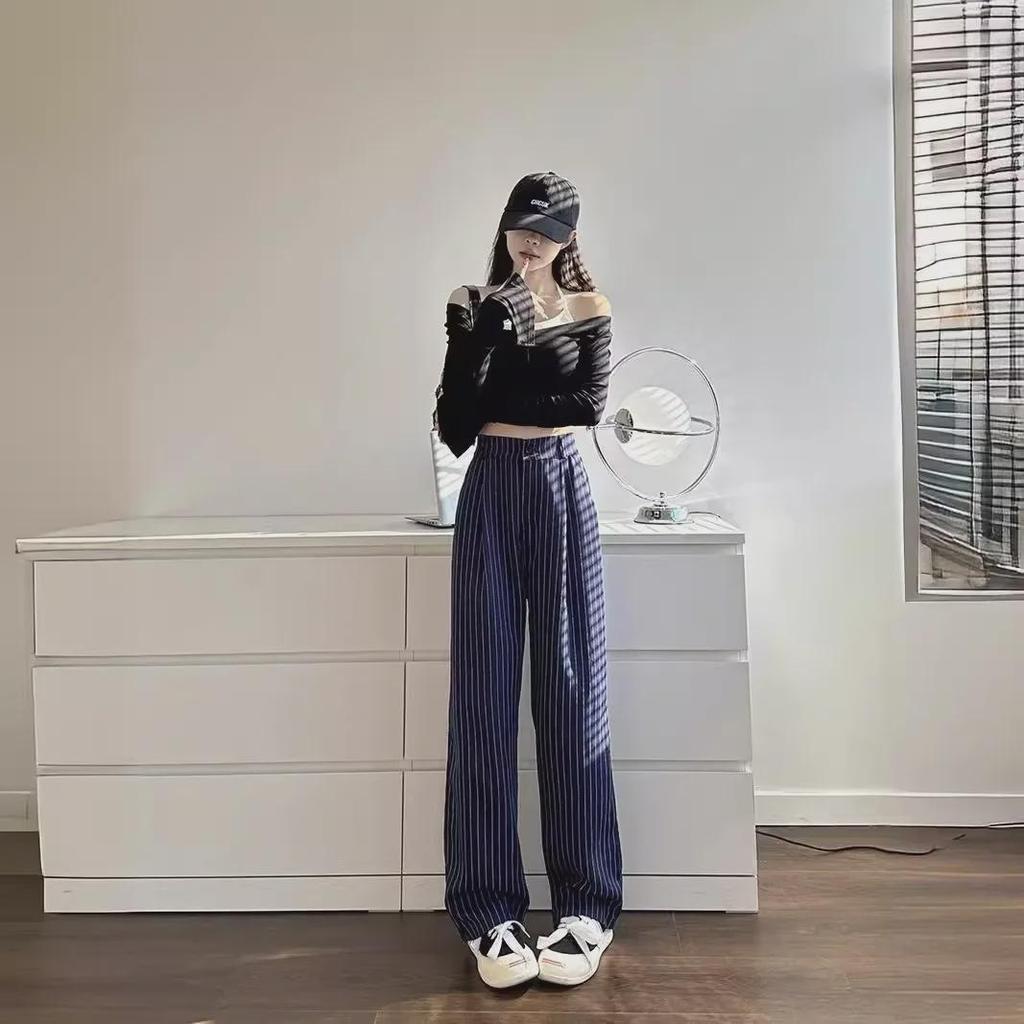 Women's Korean Striped Wide-Leg Pants - Slim, Versatile, Loose Fit for Spring & Autumn 2025